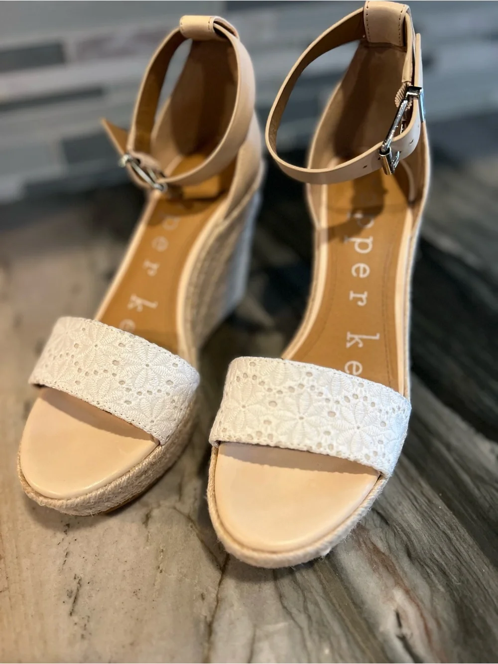 Copper Key Cream and Tan Espadrille Wedge Sandals with Ankle Strap